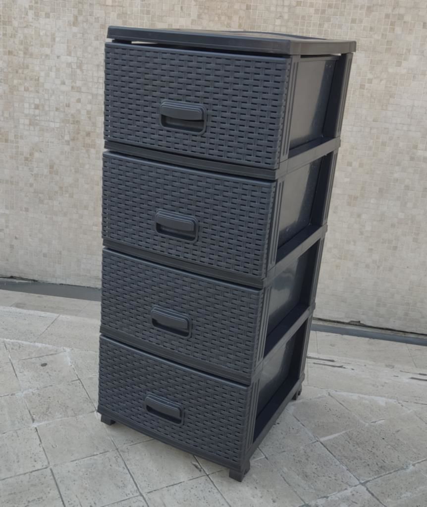 Büyük Boy 4 Çekmeceli Tekerlekli Komidin Siyah Raddan Hasır Örgülü Yükseklik 93cm 43x38 Demonte Raf