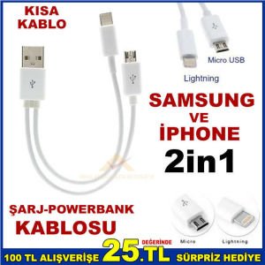 SAMSUNG İPHONE İÇİN KISA POWERBANK ŞARJ KABLOSU