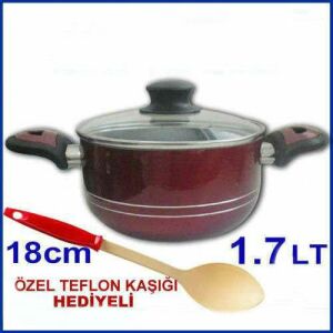 Yanmaz Teflon Kaşığı Hediyeli 18cm Cam Kapaklı Yapışmaz Teflon Tencere-1