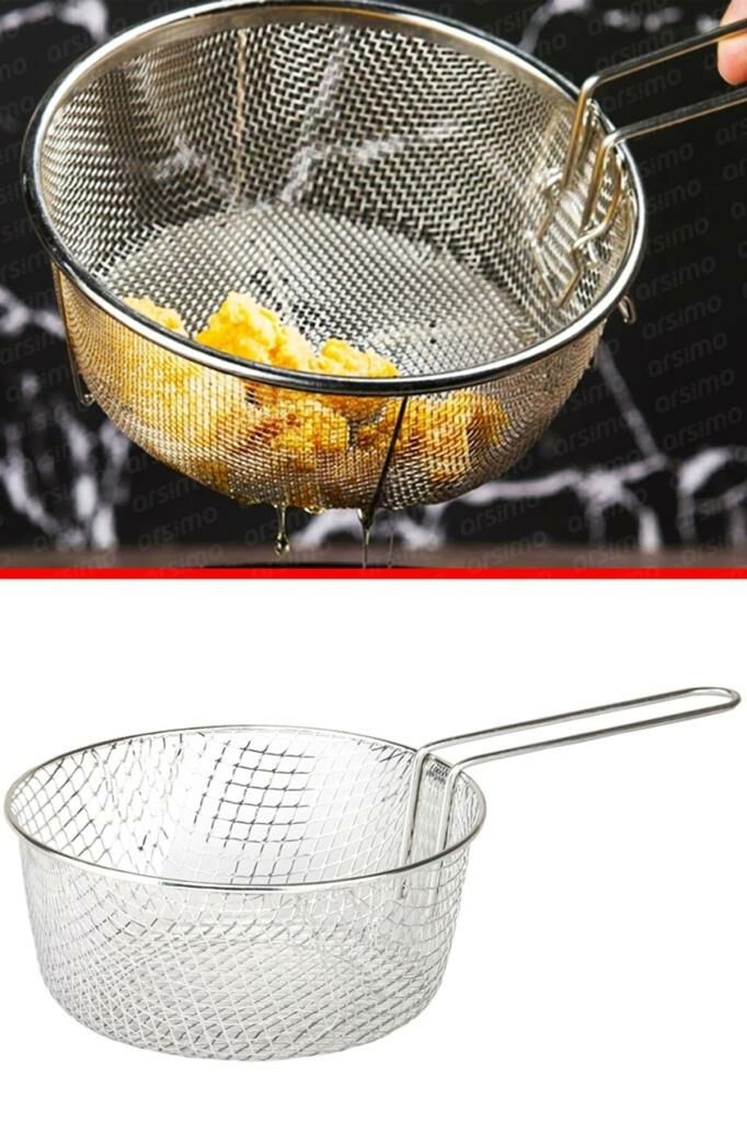 Paslanmaz Çelik Kalay Kaplı Fritöz Kızartma Sepeti Saplı Kızartma Teli 24 cm Pratik Cips Kevgiri