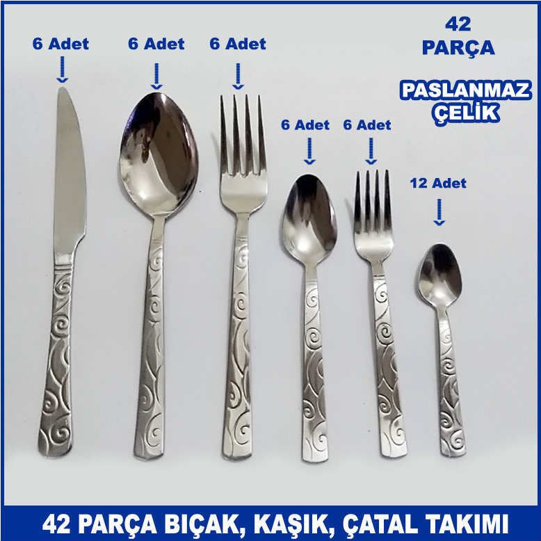 Bıçak, Çatal, Kaşık Takımı 42 Parça Sarmaşık Model Paslanmaz Çelik Rostfrei Yemek Seti