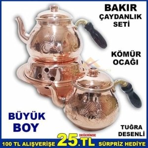 Çay Seti Bakir Kömür Ocağı ile Birlikte Büyük Boy Çaydanlik Seti