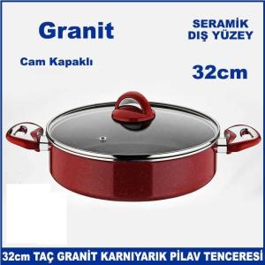 Taç Kırmızı Tencere 32cm Karnıyarık Pilav Tenceresi Cam Kapaklı Taç Granit Seramik Dış Yüzeyli Sağlıklı Tencere