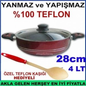 Büyük Boy Teflon Tencere Teflon Kaşığı Hediyeli 28cm Cam Kapaklı