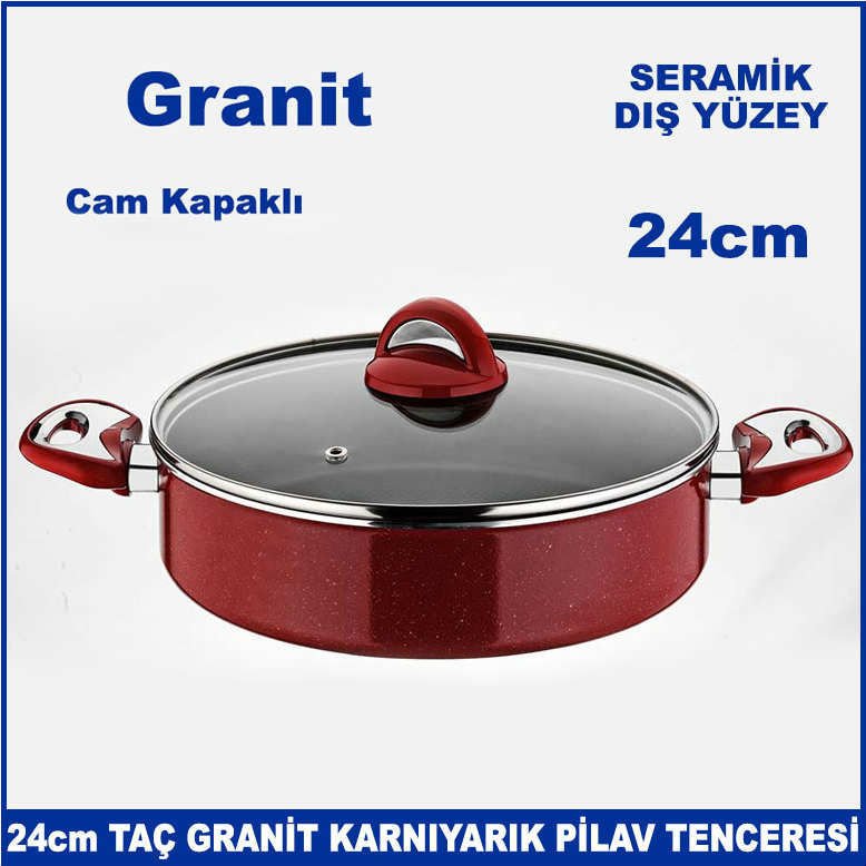 Seramik Dış Yüzey 24cm Cam Kapaklı Taç Granit Karnıyarık Pilav Tenceresi - Sağlıklı Tencere