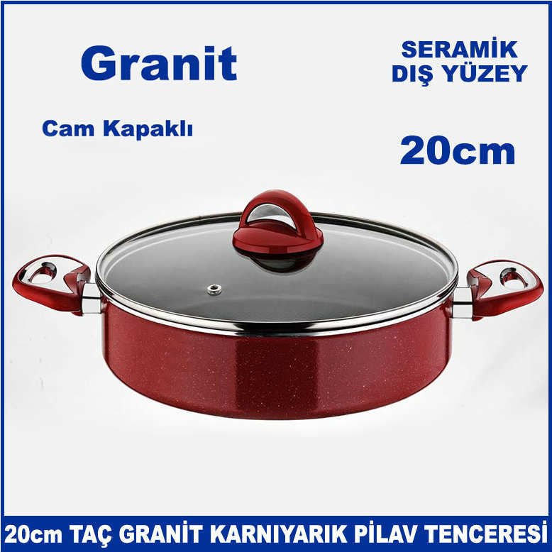 Seramik Dış Yüzey 20cm Cam Kapaklı Taç Granit Karnıyarık Pilav Tenceresi - Sağlıklı Tencere