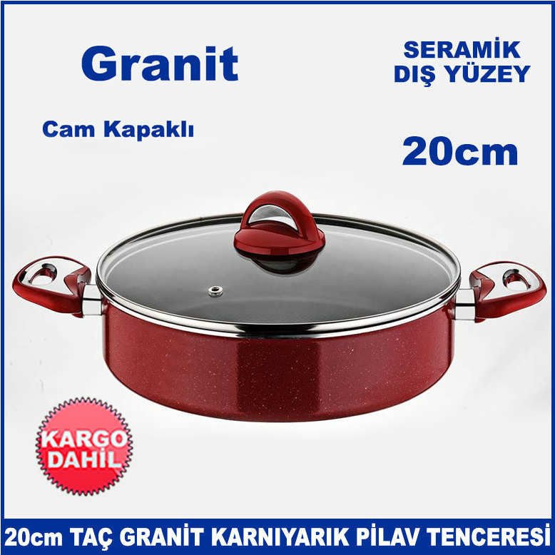 Seramik Dış Yüzey 20cm Cam Kapaklı Taç Granit Karnıyarık Pilav Tenceresi - Sağlıklı Tencere