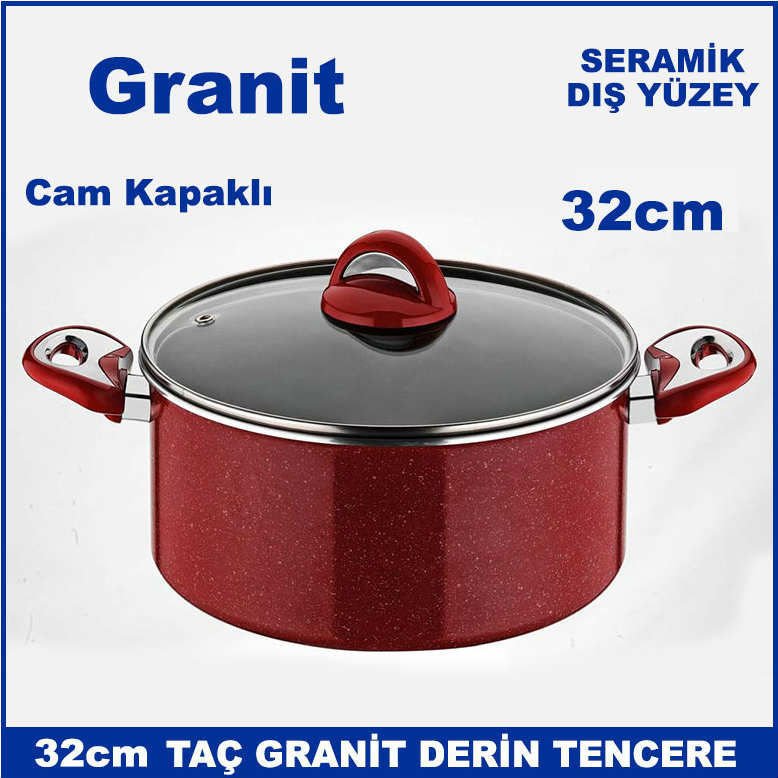 Taç Granit Kırmızı Tencere 32cm Derin Tencere Cam Kapaklı Taç Seramik Dış Yüzeyli Sağlıklı Tencere