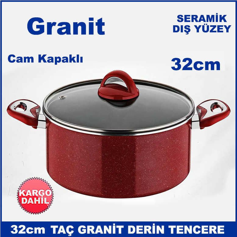Taç Granit Kırmızı Tencere 32cm Derin Tencere Cam Kapaklı Taç Seramik Dış Yüzeyli Sağlıklı Tencere