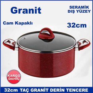 Taç Granit Kırmızı Tencere 32cm Derin Tencere Cam Kapaklı Taç Seramik Dış Yüzeyli Sağlıklı Tencere