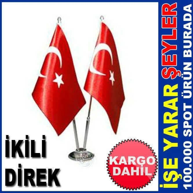 Masaüstü direkli bayrak çift bayraklı 2 krom direkli altı metal kaide masa üstü türk bayrağı-2