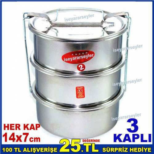 YEMEK TAŞIMA KABI 2no 2-3 KİŞİLİK 3'LÜ PASLANMAZ ÇELİK SEFERTASI,ÜÇ KAPLI 2 LİTRE ÇELİK SEFER TASI