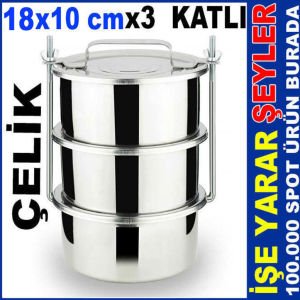 18x10cm BÜYÜK BOY ÇELİK SEFER TASI 3'LÜ KARAVANA PASLANMAZ ÇELİK SANAYİ TİPİ YEMEK TAŞIMA KABI