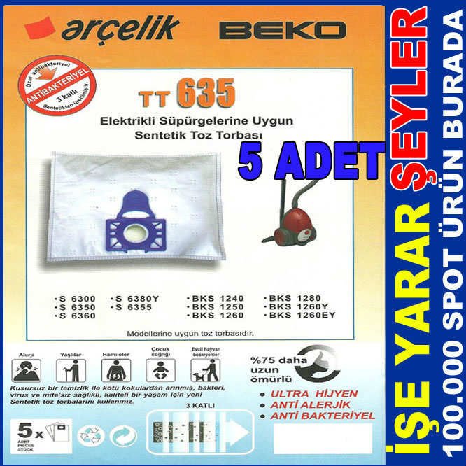 5 ADET ARÇELİK 3 KATLI SENTETİK TOZ TORBASI