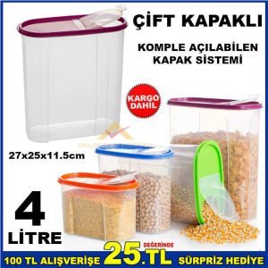 En sağlıklı ve hijyenik şeffaf gıda saklama kapları 4 LİTRE ÇİFT KAPAKLI KİLER SAKLAMA ERZAK KUTUSU