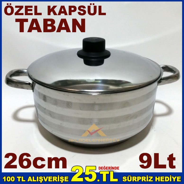 26cm İNDÜKSİYON KAPSÜL TABANLI ÇELİK KAPAKLI PASLANMAZ ÇELİK DERİN TENCERE