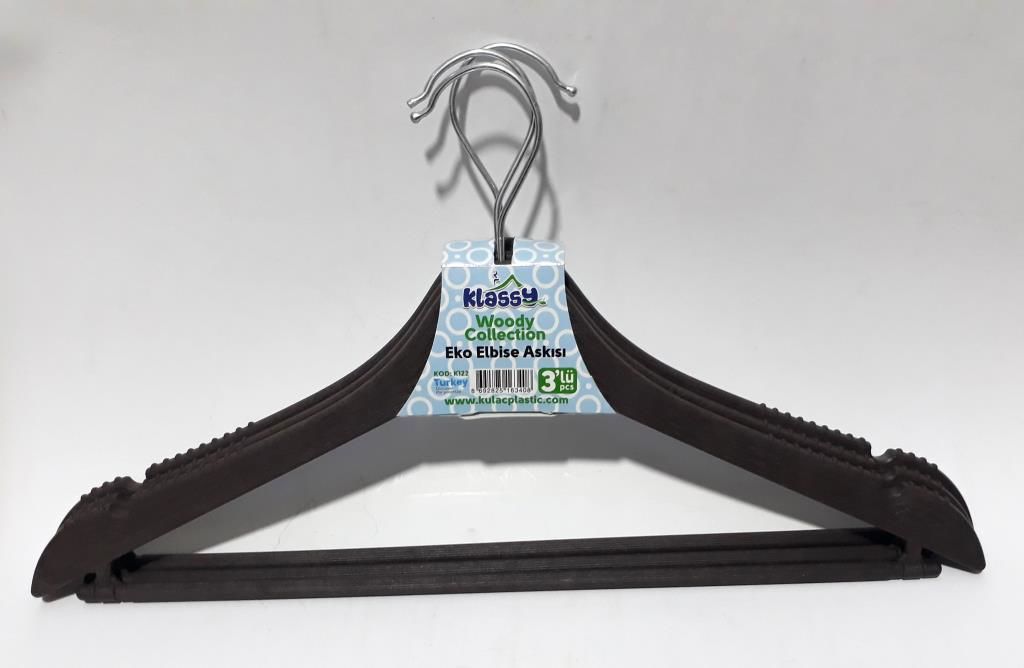 3 Adet 43cm Boyunda Ahşap Rengi ve Siyah Ekonomik Plastik Elbise Askısı
