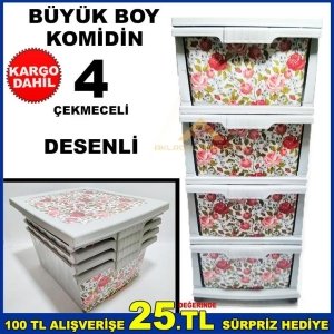 BÜYÜK BOY 4 ÇEKMECELİ ÇİÇEK DESENLİ KOMİDİN