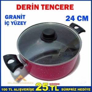 24 Cm Yapışmaz Granit İç Yüzeyli Derin Tencere