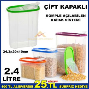 En sağlıklı ve hijyenik şeffaf gıda saklama kabı 2.4 LİTRE ÇİFT KAPAKLI KİLER SAKLAMA ERZAK KUTUSU
