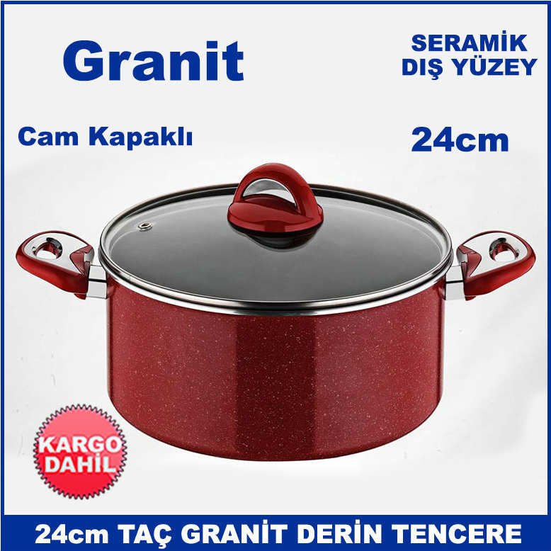 Seramik Dış Yüzey 24cm Cam Kapaklı Taç Granit Derin Tencere - Sağlıklı Tencere