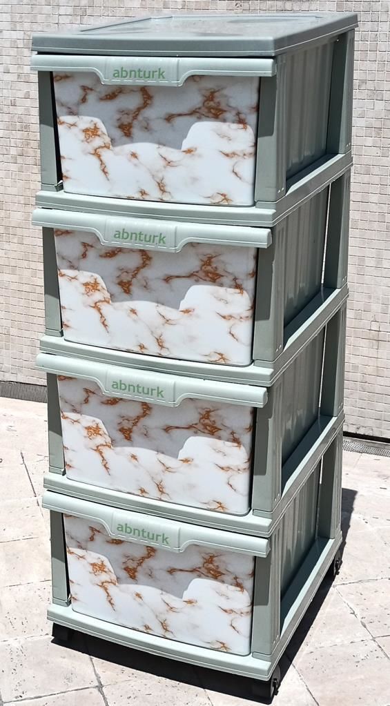 Büyük Boy Beyaz Mermer Desenli 4 Çekmeceli Tekerlekli Komidin Yükseklik 93cm 43x38 Demonte Dolap Raf