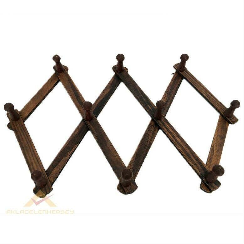 10 Kancalı Eskitme Ahşap Akordeon Askı Retro Kapı Arkası Askısı