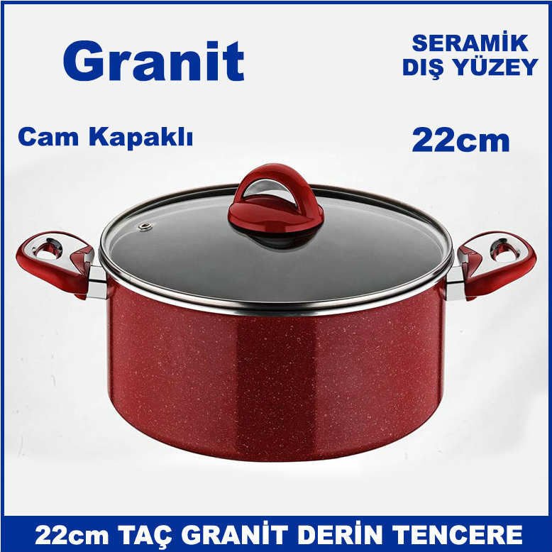 Seramik Dış Yüzey 22cm Cam Kapaklı Taç Granit Derin Tencere - Sağlıklı Tencere