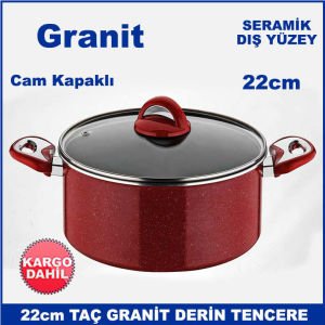 Seramik Dış Yüzey 22cm Cam Kapaklı Taç Granit Derin Tencere - Sağlıklı Tencere