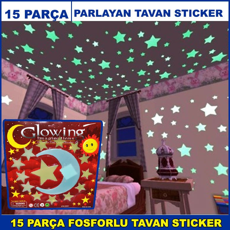 15 Parça Fosforlu Tavan Sticker - Parlayan Tavan ve Duvar Süsü - Ay Yıldız Büyük