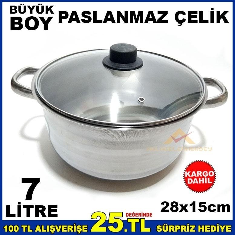 28cm BÜYÜKBOY PASLANMAZ ÇELİK CAMKAPAKLI TENCERE