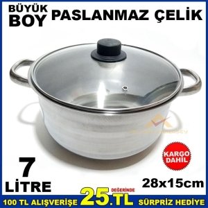 28cm BÜYÜKBOY PASLANMAZ ÇELİK CAMKAPAKLI TENCERE