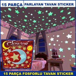 15 Parça Fosforlu Tavan Sticker - Parlayan Tavan ve Duvar Süsü - Ay Yıldız Büyük