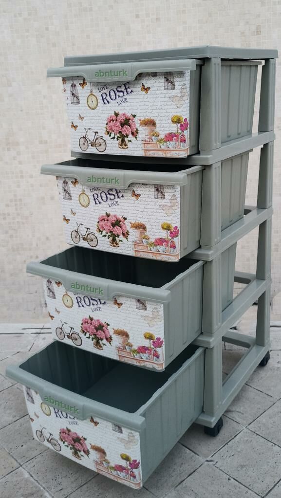 Büyük Boy Retro Rose Gül Desen 4 Çekmeceli Tekerlekli Komidin Yükseklik 93cm 43x38 Demonte Dolap Raf