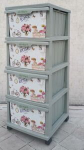Büyük Boy Retro Rose Gül Desen 4 Çekmeceli Tekerlekli Komidin Yükseklik 93cm 43x38 Demonte Dolap Raf