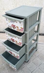 Büyük Boy Retro Rose Gül Desen 4 Çekmeceli Tekerlekli Komidin Yükseklik 93cm 43x38 Demonte Dolap Raf