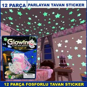 12 Parça Fosforlu Tavan Sticker - Parlayan Tavan ve Duvar Süsü - Gezegenler