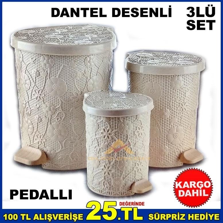 3lü PEDALLI DANTEL DESENLİ ÇÖP KOVASI SETİ