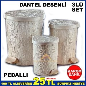 3lü PEDALLI DANTEL DESENLİ ÇÖP KOVASI SETİ