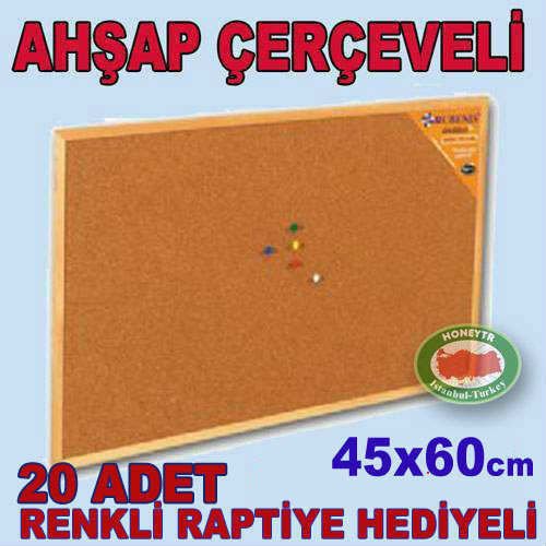 AHŞAP ÇERÇEVELİ MANTAR PANO 20 adet RENKLİ RAPTİYE HEDİYELİ 45x60cm DUVARA MONTE MANTAR PANO -2