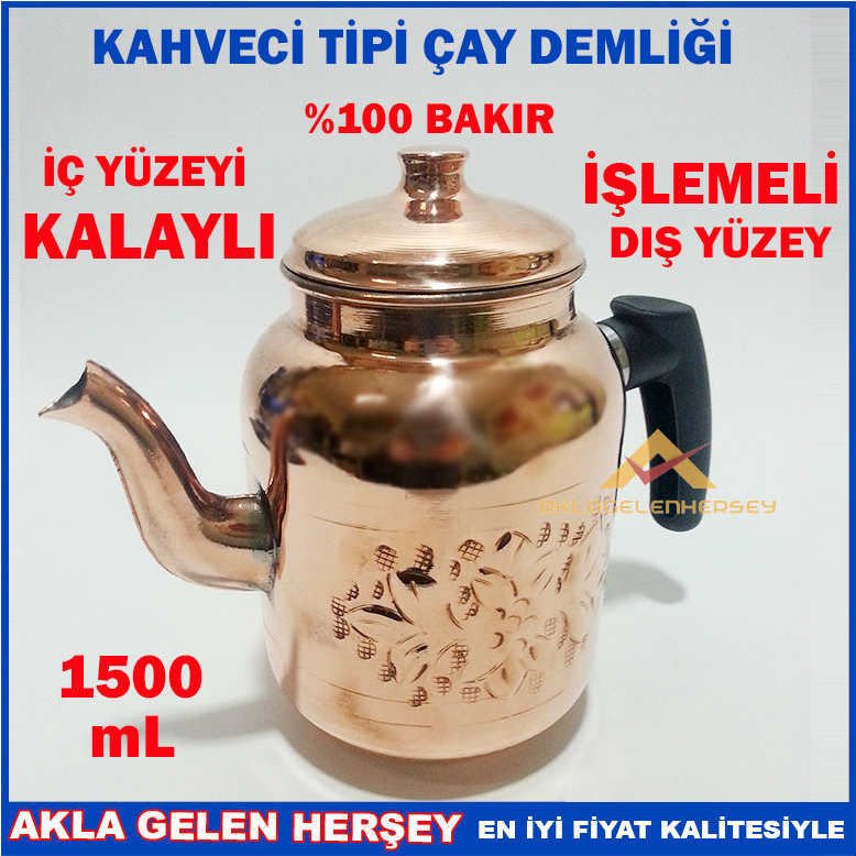 YÜZDE 100 BAKIR KAHVECİ TİPİ ÇAY DEMLİĞİ 1500mL