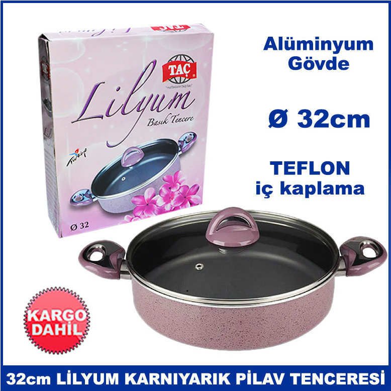 Taç Lilyum 32cm Cam Kapaklı Karnıyarık Pilav Tenceresi - Alüminyum Gövde - Teflon İç Kaplama