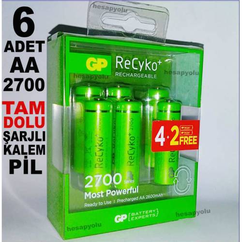 GP ReCyKo şarjlı kalem pil seti,4+2 promasyon paketi 6 adet GP ReCyko 2700mAh şarjlı AA kalem Pil