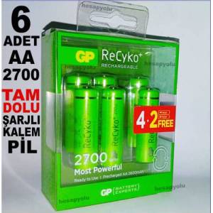 GP ReCyKo şarjlı kalem pil seti,4+2 promasyon paketi 6 adet GP ReCyko 2700mAh şarjlı AA kalem Pil