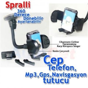 Vantuzlu 360 Derece Dönebilir Ayarlanabilir Spiralli Araç İçi Cep Telefonu Gps Navigasyon Tutucu